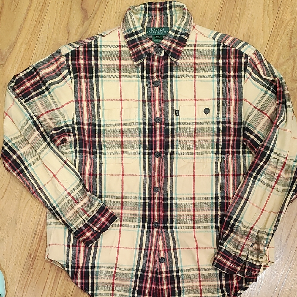 Lauren Ralph Lauren Cream Plaid Button-Down Shirt with Red & Green Accents - Picture 1 of 6